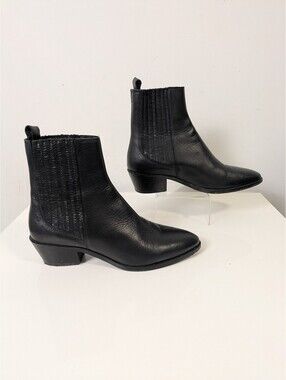 Black Leather Western Ankle Boots – Pointed Toe Block Heel Size EU 37 / US 6.5-7